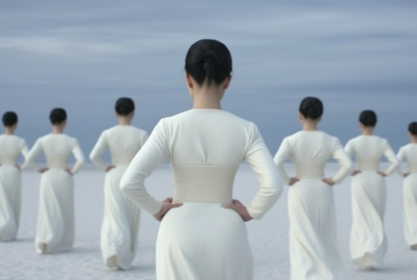 A group of people are standing in a line, with a woman in a stunning white dress as the focal point. She is surrounded by other individuals, all dressed in casual attire. The woman in the white dress stands confidently with her hands on her hips, exuding elegance and poise. The scene seems to be outdoors, with a blurred background suggesting a busy environment. The group appears to be waiting in line for something, creating a sense of anticipation and camaraderie. The overall mood is one of unity and shared experience.