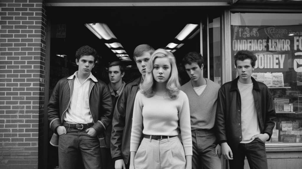 In this black and white photo, a group of people is standing in front of a store. The individuals in the image include a woman, a man in a leather jacket, a man in a white shirt, a man in a white sweater, and a man with his hands in his pockets. The group appears to be casually dressed, with some individuals wearing belts. The scene is captured outdoors, with the store serving as a backdrop. The image has a vintage feel, reminiscent of a bygone era. The group seems relaxed and engaged in conversation, creating a sense of camaraderie.