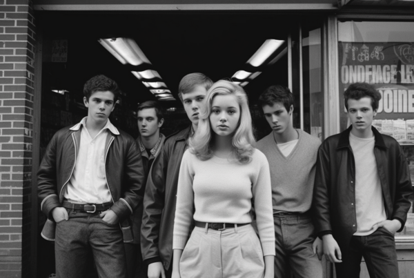 In this black and white photo, a group of people is standing in front of a store. The individuals in the image include a woman, a man in a leather jacket, a man in a white shirt, a man in a white sweater, and a man with his hands in his pockets. The group appears to be casually dressed, with some individuals wearing belts. The scene is captured outdoors, with the store serving as a backdrop. The image has a vintage feel, reminiscent of a bygone era. The group seems relaxed and engaged in conversation, creating a sense of camaraderie.