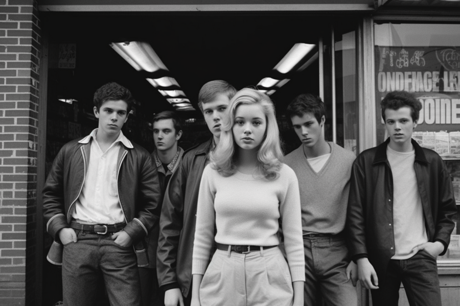 In this black and white photo, a group of people is standing in front of a store. The individuals in the image include a woman, a man in a leather jacket, a man in a white shirt, a man in a white sweater, and a man with his hands in his pockets. The group appears to be casually dressed, with some individuals wearing belts. The scene is captured outdoors, with the store serving as a backdrop. The image has a vintage feel, reminiscent of a bygone era. The group seems relaxed and engaged in conversation, creating a sense of camaraderie.