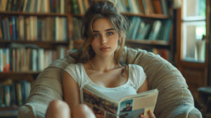 In the image, a young woman is sitting in a comfortable chair in a library, engrossed in a book. The woman has a focused expression on her face as she reads. Surrounding her are bookshelves filled with books, creating a cozy and intellectual atmosphere. The woman is wearing a white shirt and a brown jacket, and her long hair is styled in a casual manner. The lighting in the room is soft, highlighting the woman''s features and the books around her. The scene exudes a sense of tranquility and intellectual curiosity.