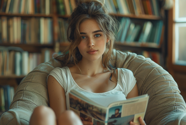 In the image, a young woman is sitting in a comfortable chair in a library, engrossed in a book. The woman has a focused expression on her face as she reads. Surrounding her are bookshelves filled with books, creating a cozy and intellectual atmosphere. The woman is wearing a white shirt and a brown jacket, and her long hair is styled in a casual manner. The lighting in the room is soft, highlighting the woman''s features and the books around her. The scene exudes a sense of tranquility and intellectual curiosity.