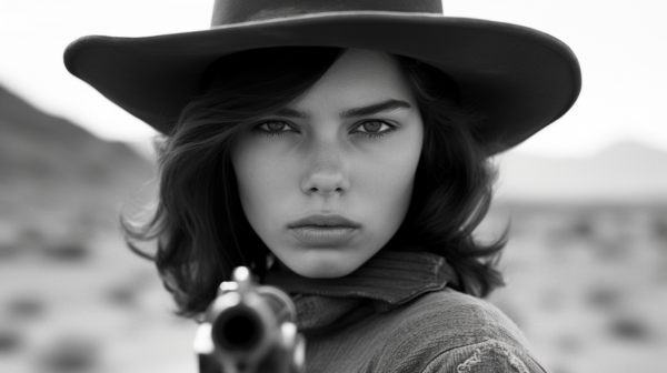 In this black and white image, we see a young woman wearing a stylish hat with a wide brim, standing confidently while holding a gun in her hand. Her face is partially visible, revealing a determined expression. The woman has long hair and appears to be in her early twenties. The background is blurred, suggesting a desert setting. The woman''s outfit is not fully visible, but she seems to be wearing a tie. The overall mood of the image is mysterious and dramatic, with a focus on the woman''s striking pose and the weapon she is holding.