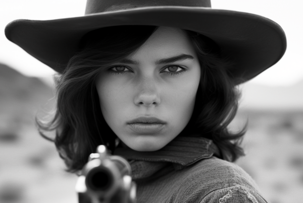 In this black and white image, we see a young woman wearing a stylish hat with a wide brim, standing confidently while holding a gun in her hand. Her face is partially visible, revealing a determined expression. The woman has long hair and appears to be in her early twenties. The background is blurred, suggesting a desert setting. The woman''s outfit is not fully visible, but she seems to be wearing a tie. The overall mood of the image is mysterious and dramatic, with a focus on the woman''s striking pose and the weapon she is holding.