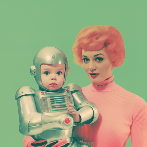 In this image, we see a young woman wearing a pink sweater holding a baby dressed in a robot suit. The woman appears to be smiling as she cradles the baby in her arms. The background is a soft green color. The woman has long hair and is wearing a necklace. The baby is wearing a cute robot costume, complete with metallic details and colorful accents. The overall scene is heartwarming and whimsical, capturing a moment of joy and playfulness between the woman and the baby.