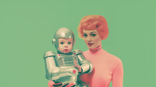 In this image, we see a young woman wearing a pink sweater holding a baby dressed in a robot suit. The woman appears to be smiling as she cradles the baby in her arms. The background is a soft green color. The woman has long hair and is wearing a necklace. The baby is wearing a cute robot costume, complete with metallic details and colorful accents. The overall scene is heartwarming and whimsical, capturing a moment of joy and playfulness between the woman and the baby.