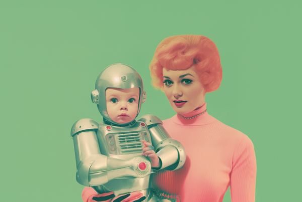 In this image, we see a young woman wearing a pink sweater holding a baby dressed in a robot suit. The woman appears to be smiling as she cradles the baby in her arms. The background is a soft green color. The woman has long hair and is wearing a necklace. The baby is wearing a cute robot costume, complete with metallic details and colorful accents. The overall scene is heartwarming and whimsical, capturing a moment of joy and playfulness between the woman and the baby.