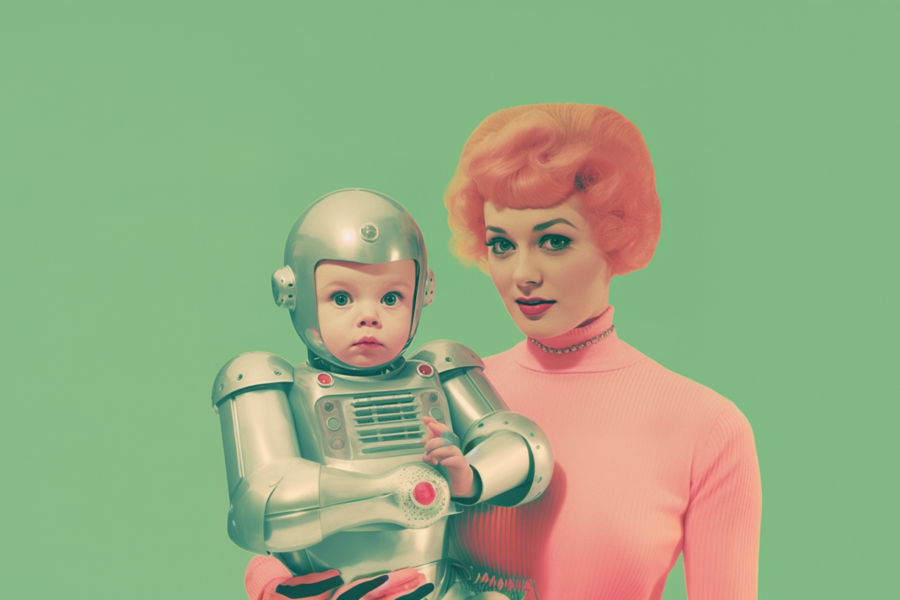 In this image, we see a young woman wearing a pink sweater holding a baby dressed in a robot suit. The woman appears to be smiling as she cradles the baby in her arms. The background is a soft green color. The woman has long hair and is wearing a necklace. The baby is wearing a cute robot costume, complete with metallic details and colorful accents. The overall scene is heartwarming and whimsical, capturing a moment of joy and playfulness between the woman and the baby.