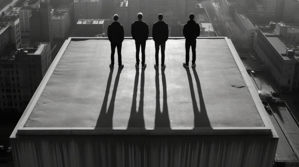 Three men are standing on a roof in the city, with one man wearing sneakers, another man wearing other shoes, and the third man wearing sneakers as well. The men are positioned in a row, with the first man on the left side of the image, the second man in the middle, and the third man on the right side. The men are all facing forward, looking towards the cityscape in the distance. The image is in black and white, adding a dramatic and urban feel to the scene. The men cast long shadows on the rooftop, emphasizing the height of their location.