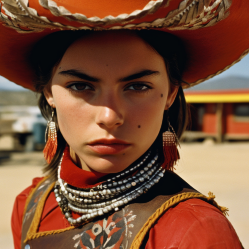 A woman with a serene expression is standing in front of the camera. She is wearing a traditional Mexican outfit, complete with a sombrero and a necklace made of beads. The sombrero is large and covers most of her head, while the necklace adds a pop of color to her attire. The woman''s face is the focal point of the image, showcasing her features and the intricate details of her accessories. The background is a clear blue sky, emphasizing the woman''s presence. The overall vibe of the image is cultural and colorful, with a hint of elegance and tradition.