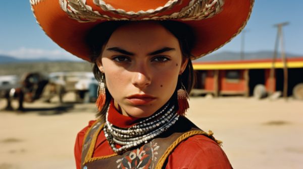 A woman with a serene expression is standing in front of the camera. She is wearing a traditional Mexican outfit, complete with a sombrero and a necklace made of beads. The sombrero is large and covers most of her head, while the necklace adds a pop of color to her attire. The woman''s face is the focal point of the image, showcasing her features and the intricate details of her accessories. The background is a clear blue sky, emphasizing the woman''s presence. The overall vibe of the image is cultural and colorful, with a hint of elegance and tradition.