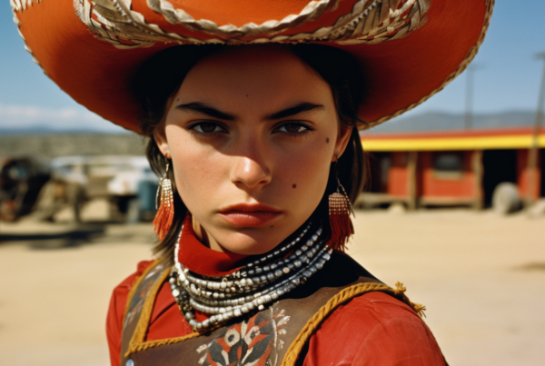 A woman with a serene expression is standing in front of the camera. She is wearing a traditional Mexican outfit, complete with a sombrero and a necklace made of beads. The sombrero is large and covers most of her head, while the necklace adds a pop of color to her attire. The woman''s face is the focal point of the image, showcasing her features and the intricate details of her accessories. The background is a clear blue sky, emphasizing the woman''s presence. The overall vibe of the image is cultural and colorful, with a hint of elegance and tradition.