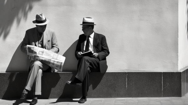 Two men are depicted in a black and white photograph, sitting on a bench in a public area. Both men are elegantly dressed, one wearing a suit and tie with a hat, and the other wearing a suit. They are engrossed in reading newspapers, with one man holding a book as well. The scene is captured in a timeless manner, showcasing a classic and sophisticated style. The setting includes a wooden bench, with the men''s leather shoes visible on the floor. The image exudes a sense of relaxation and intellectual engagement as the men enjoy their reading material.