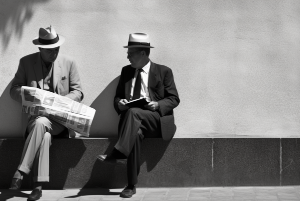 Two men are depicted in a black and white photograph, sitting on a bench in a public area. Both men are elegantly dressed, one wearing a suit and tie with a hat, and the other wearing a suit. They are engrossed in reading newspapers, with one man holding a book as well. The scene is captured in a timeless manner, showcasing a classic and sophisticated style. The setting includes a wooden bench, with the men''s leather shoes visible on the floor. The image exudes a sense of relaxation and intellectual engagement as the men enjoy their reading material.