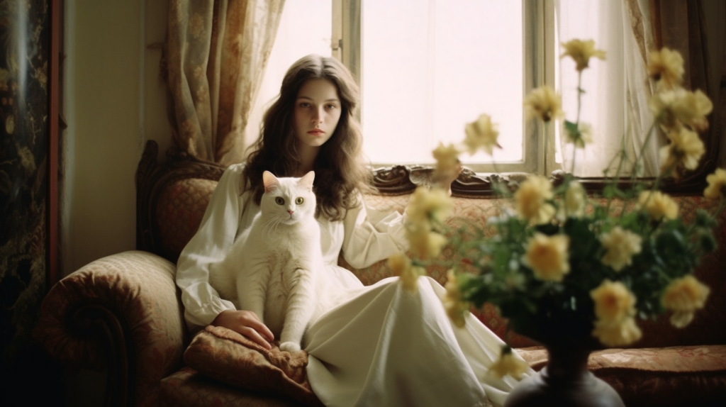 A young woman with long brown hair is relaxing on a comfortable couch in a cozy living room. She is dressed in a beautiful white wedding dress and gently cradling a fluffy white cat in her arms. The cat has striking green eyes and looks content as it sits on her lap. In the background, there is a stylish vase on a table, and a cute dog is laying nearby. The room is tastefully decorated with earthy tones and soft lighting, creating a warm and inviting atmosphere. The scene exudes a sense of calm and companionship between the woman and her pets.