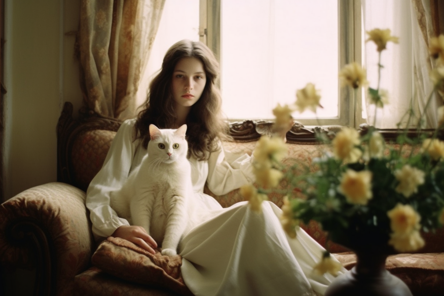 A young woman with long brown hair is relaxing on a comfortable couch in a cozy living room. She is dressed in a beautiful white wedding dress and gently cradling a fluffy white cat in her arms. The cat has striking green eyes and looks content as it sits on her lap. In the background, there is a stylish vase on a table, and a cute dog is laying nearby. The room is tastefully decorated with earthy tones and soft lighting, creating a warm and inviting atmosphere. The scene exudes a sense of calm and companionship between the woman and her pets.